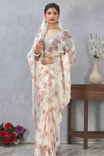 Peach digital printed satin silk designer wedding saree for women