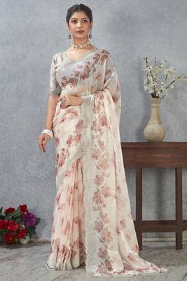 Peach digital printed satin silk designer wedding saree for women 3
