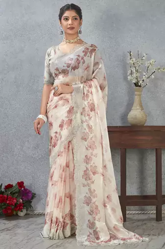 Peach digital printed satin silk designer wedding saree for women