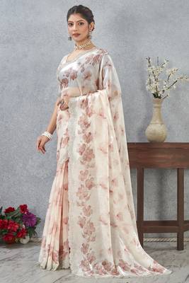Peach digital printed satin silk designer wedding saree for women 4