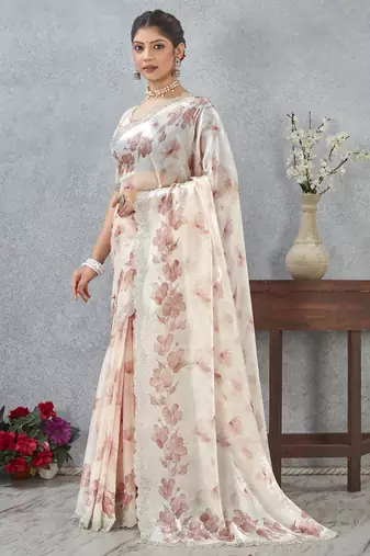 Peach digital printed satin silk designer wedding saree for women