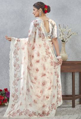Peach digital printed satin silk designer wedding saree for women 5