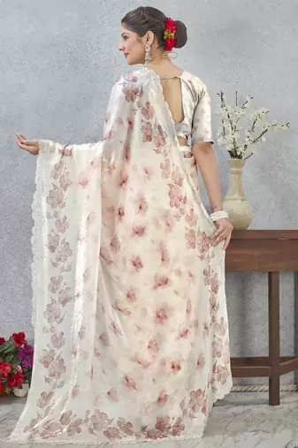 Peach digital printed satin silk designer wedding saree for women