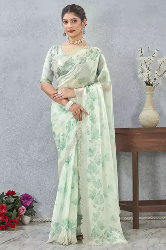 Green digital printed satin silk sea designer wedding saree for women