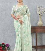 Green digital printed satin silk sea designer wedding saree for women