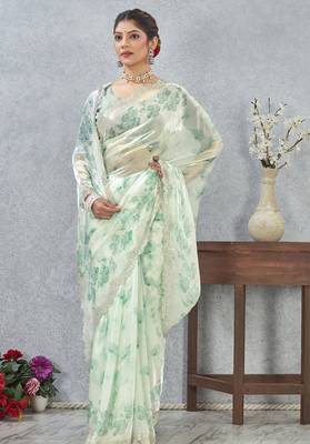 Green digital printed satin silk sea designer wedding saree for women 2