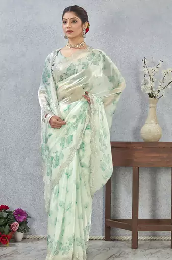 Green digital printed satin silk sea designer wedding saree for women