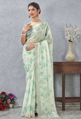 Green digital printed satin silk sea designer wedding saree for women 3