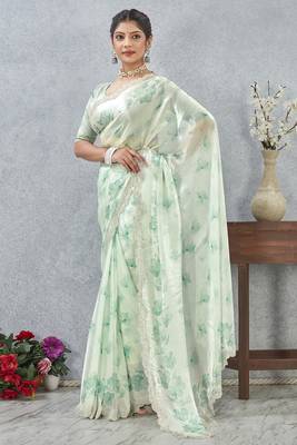 Green digital printed satin silk sea designer wedding saree for women 4