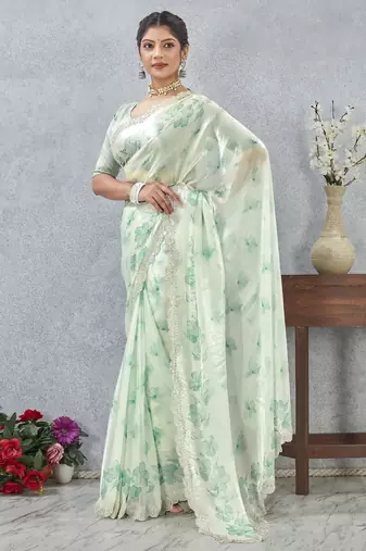 Green digital printed satin silk sea designer wedding saree for women