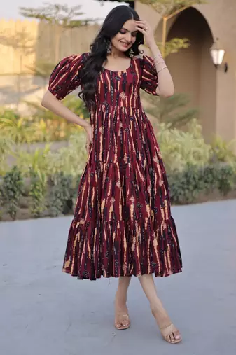 Brown cotton readymade kurti with floral printed work