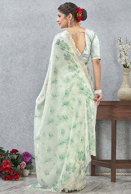 Green digital printed satin silk sea designer wedding saree for women 5