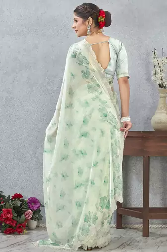 Green digital printed satin silk sea designer wedding saree for women