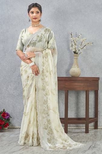 Green digital printed satin silk designer wedding saree for women