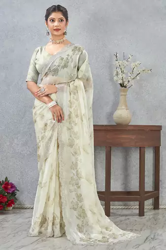 Green digital printed satin silk designer wedding saree for women