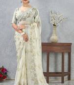 Green digital printed satin silk designer wedding saree for women