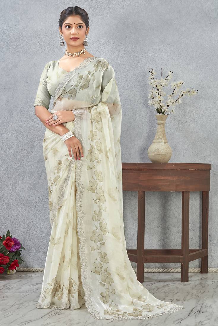 Green digital printed satin silk designer wedding saree for women
