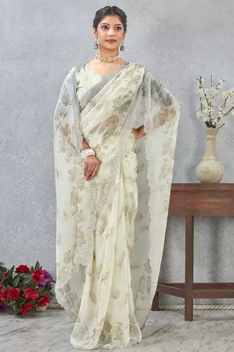 Green digital printed satin silk designer wedding saree for women
