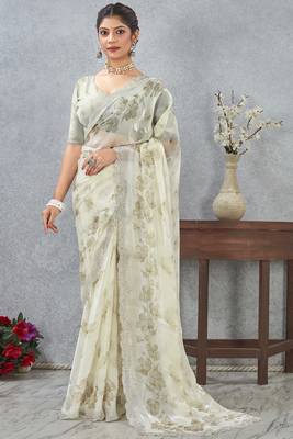 Green digital printed satin silk designer wedding saree for women 3