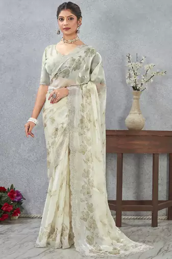 Green digital printed satin silk designer wedding saree for women