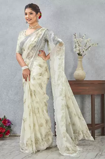 Green digital printed satin silk designer wedding saree for women