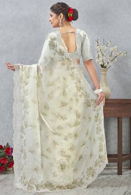 Green digital printed satin silk designer wedding saree for women 5