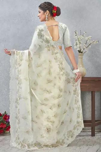 Green digital printed satin silk designer wedding saree for women