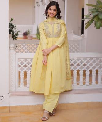 Yellow chanderi readymade suit with embroidery & beads work 5