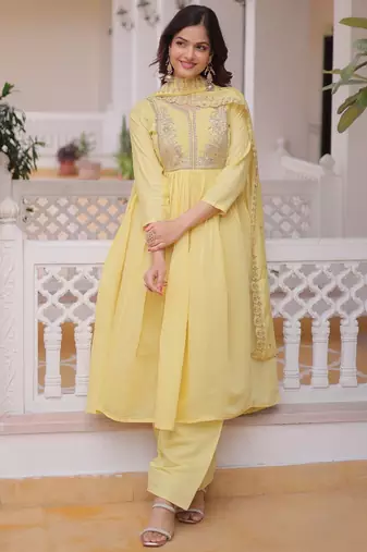Yellow chanderi readymade suit with embroidery & beads work
