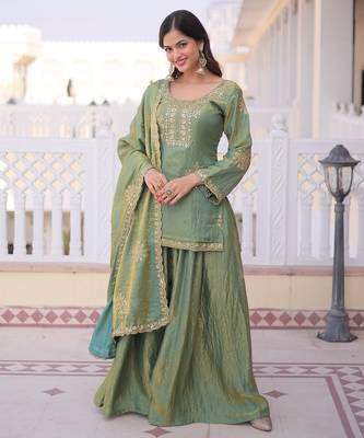 Green silk readymade suit with embroidery & zari work 2