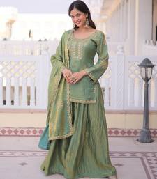 Green silk readymade suit with embroidery & zari work