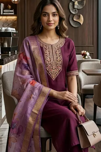 Wine coding sequence embroidered kurta with trouser & dupatta