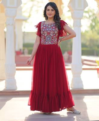 Red georgette readymade gown with embroidery & beads work 5