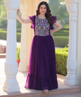 Purple georgette readymade gown with embroidery & beads work 2