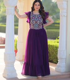 Purple georgette readymade gown with embroidery & beads work