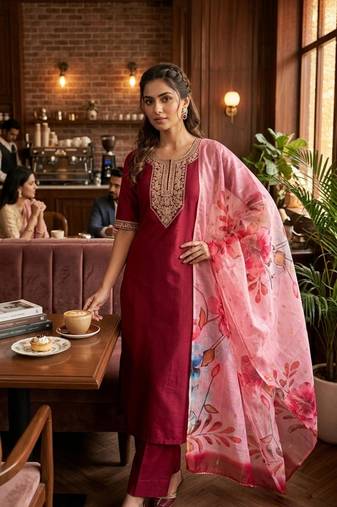 Maroon coding sequence embroidered kurta with trouser & dupatta