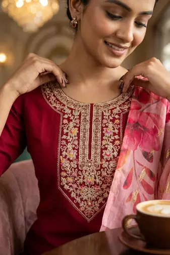 Maroon coding sequence embroidered kurta with trouser & dupatta