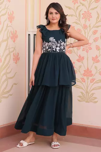 Navy georgette readymade gown with embroidery & beads work