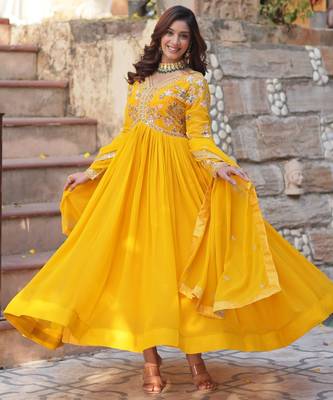 Yellow georgette readymade anarkali suit with zari & sequin  work 5