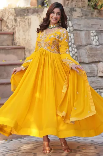 Yellow georgette readymade anarkali suit with zari & sequin  work