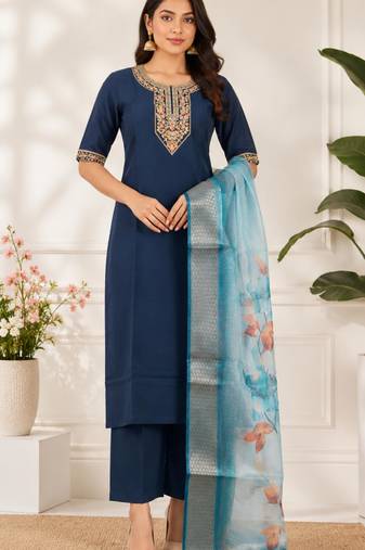 Navy blue coding sequence embroidered kurta with trouser & dupatta