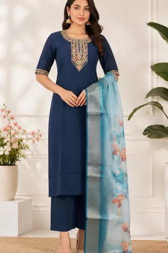 Navy blue coding sequence embroidered kurta with trouser & dupatta