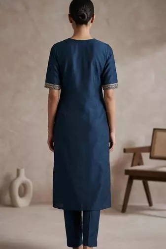 Navy blue coding sequence embroidered kurta with trouser & dupatta