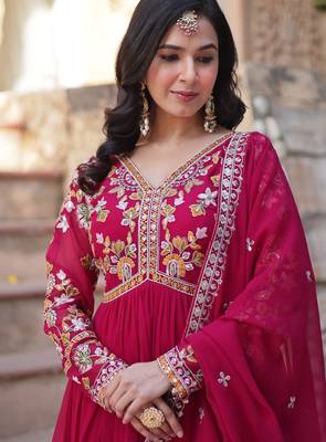 Red georgette readymade anarkali suit with zari & sequin  work 5