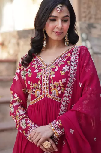 Red georgette readymade anarkali suit with zari & sequin  work