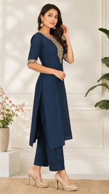 Navy blue coding sequence embroidered kurta with trouser & dupatta 4