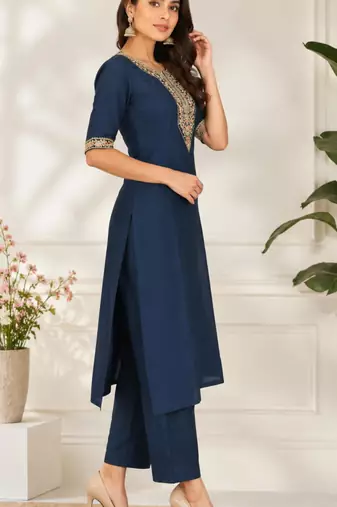 Navy blue coding sequence embroidered kurta with trouser & dupatta
