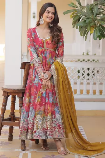 Peach silk readymade anarkali suit with zari & sequin  work