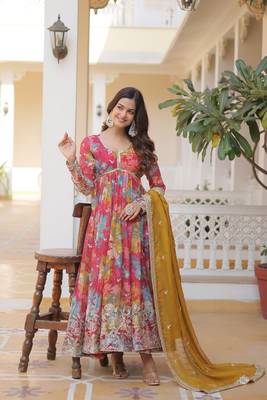 Peach silk readymade anarkali suit with zari & sequin  work 7