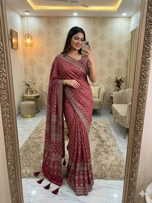 Red Color Print And Real Mirror Work Silk Blend Saree 1